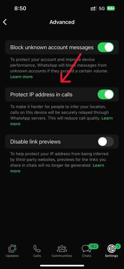 Enable protect IP address in calls on WhatsApp app